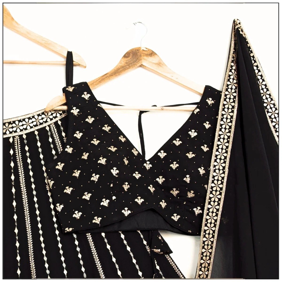 Close-up of Black Lehenga with 3MM+5MM Sequins and Jari Embroidery wedding design
